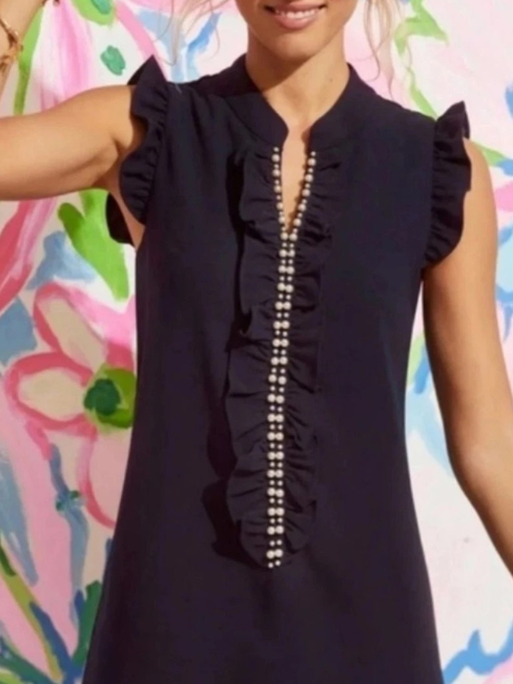 LILLY PULITZER Navy Dress Pearls Ruffle Sleeveless Adalee Shift Size 4 NWOT